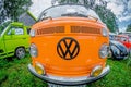 Orange Volkswagen Transporter front view