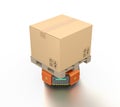 Orange warehouse robot carrier carrying cardboard boxes
