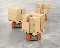 Orange warehouse robot carriers carrying cardboard boxes