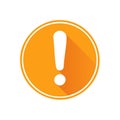 Orange Warning Exclamation Mark Icon in Circle with Long Shadow Flat Design Royalty Free Stock Photo