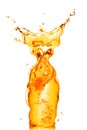 Orange water splash in shape of bottle isolated on white Royalty Free Stock Photo