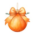 orange watercolor Christmas ball with ribbon and a bow, isolated on background. Generative AI