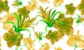 Orange Watercolor Decor. Green Flower Palm. Colorful Seamless Foliage. Autumn Pattern Wallpaper. Blue Tropical Palm. Yellow Isolat Royalty Free Stock Photo
