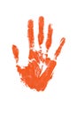 Orange watercolor human hand print on white background isolated close up, red handprint illustration, colorful palm and fingers Royalty Free Stock Photo