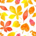 Orange watercolor painted autumn leaves. Vector seamless pattern