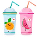 Cute kawaii fruit orange and watermelon on plastic glasses with juice. Vector isolates on a white background.