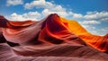 Orange wavy sandstones of Upper Antelope Canyon against sunny blue sky in Arizona, USA