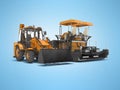 Orange wheeled tractor in front and asphalt spreader machine backside 3D rendering on blue background with shadow