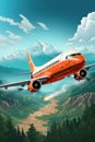 An orange and white airplane flying over a mountain range. Generative AI image. Royalty Free Stock Photo