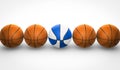 Orange and white and blue basketballs