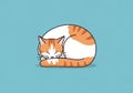 Orange and white cartoon cat curled up, sleeping on a blue background. It features expressive Royalty Free Stock Photo