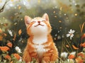 An orange and white cat sitting in a field of flowers Royalty Free Stock Photo