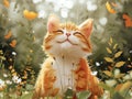 An orange and white cat sitting in a field of flowers Royalty Free Stock Photo
