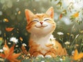 An orange and white cat sitting in a field of flowers Royalty Free Stock Photo