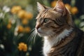 An orange and white cat stands on wooden planks, casting a shadow in sunlight, with a soft-focused background featuring Royalty Free Stock Photo