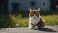 An orange and white cat stands on wooden planks, casting a shadow in sunlight, with a soft-focused background featuring Royalty Free Stock Photo