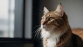 An orange and white cat stands on wooden planks, casting a shadow in sunlight, with a soft-focused background featuring Royalty Free Stock Photo