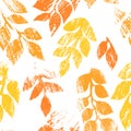 Orange and white distressed autumn leaves grunge seamless pattern, vector