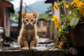 an orange and white kitten sitting on the ground in front of yellow flowers Royalty Free Stock Photo