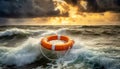 Orange and White Lifebuoy on the Stormy Sea - Generative Ai Royalty Free Stock Photo