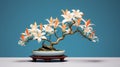 Lily Bonsai Tree: Orange Flowers On Blue Background