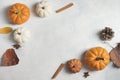 Flat lay of pumpkins and pinecones with copy space for fall season background