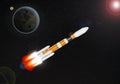 Orange and white multistage space rocket model flies to exploration universe and planet at high speed in the galaxy