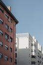 orange and white old house in madrid with strong lights and shadows Royalty Free Stock Photo
