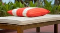 an orange and white pillow sitting on top of a wooden bench next to a lush green plant filled with flowers and trees on a sunny Royalty Free Stock Photo