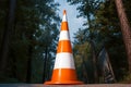 Orange and white street cone stands in forest background, cautionary Royalty Free Stock Photo