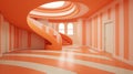 an orange and white striped room with a spiral staircase