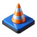 An orange and white striped traffic cone rests on a blue square base isolated on a white background Royalty Free Stock Photo
