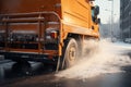 Orange wintry truck spreading salt on icy road. Generate ai Royalty Free Stock Photo