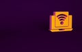 Orange Wireless laptop icon isolated on purple background. Internet of things concept with wireless connection