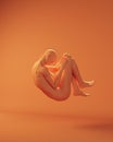 Orange Woman Floating Fetal Foetal Position Studio Shot Space Woman Human Body with Orange Background