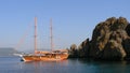 Orange wood caique on the sea in Turkey.