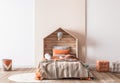 Orange wooden bedroom design, poster frame mockup
