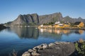 Orange wooden house called rorbu on Lofoten Royalty Free Stock Photo