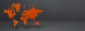 Orange world map on black concrete wall background. 3D illustration. Horizontal banner Royalty Free Stock Photo