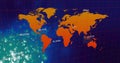 Orange world map displaying glowing points in dashboard, with red gridlines and numeric labels Royalty Free Stock Photo