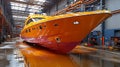 Orange yacht under construction in shipyard Royalty Free Stock Photo