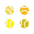 Four orange and yellow tennis balls on white