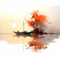 Vibrant Watercolor Painting Of A Fishing Boat On The Water Royalty Free Stock Photo