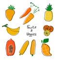 Orange and yellow cartoon fruits and veggies set vector hand drawn Royalty Free Stock Photo