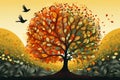 Orange yellow green leaves autumn tree in magic fall forest Royalty Free Stock Photo