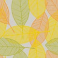 Orange, yellow and green openwork leaves on a light background, vector pattern