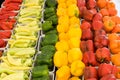 Orange, yellow,green and red peppers at farmers market Royalty Free Stock Photo