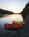 Orange and yellow packrafts rubber boats