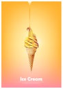 Orange yellow soft ice cream cone, Pour melted orange syrup, orange mango flavor, Vector illustration