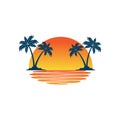 orange yellow sunset between two coconut tree island with shadow on the sea vector logo design Royalty Free Stock Photo